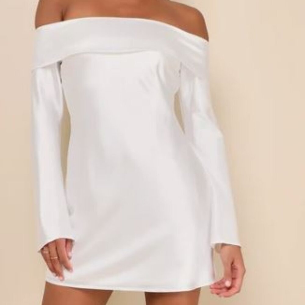 Luxurious Vision White Satin Off-the-Shoulder Mini Dress Bridal